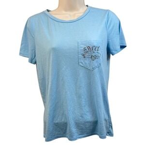 Sweet Car Graphic T-Shirt Pocket Blue Casual Top‎